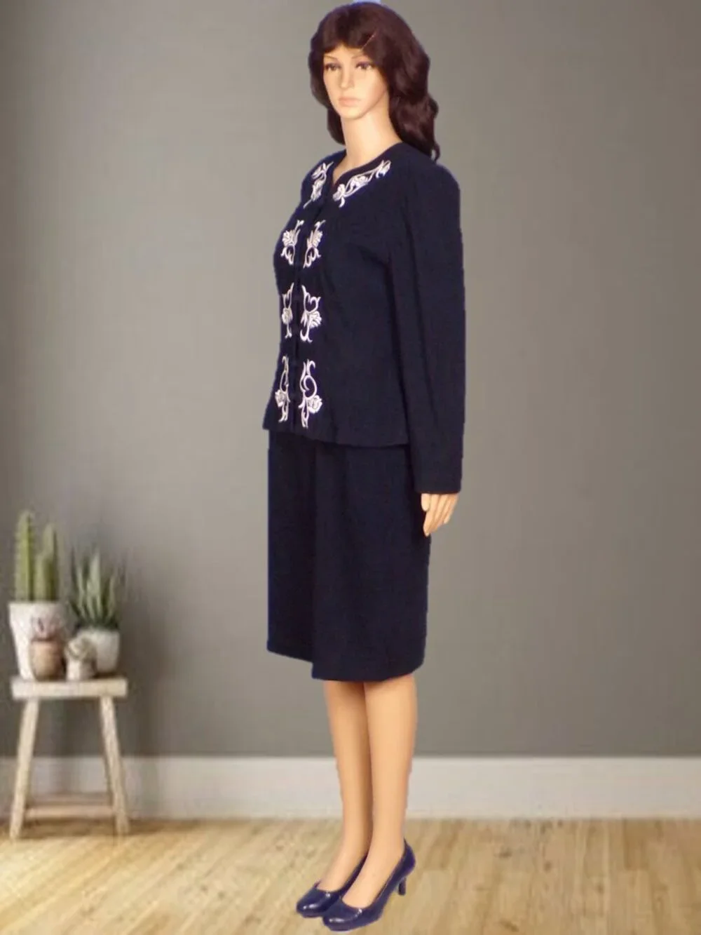 KARIN STEVENS size 10 black/silver dress with attached jacket polyester/spandex